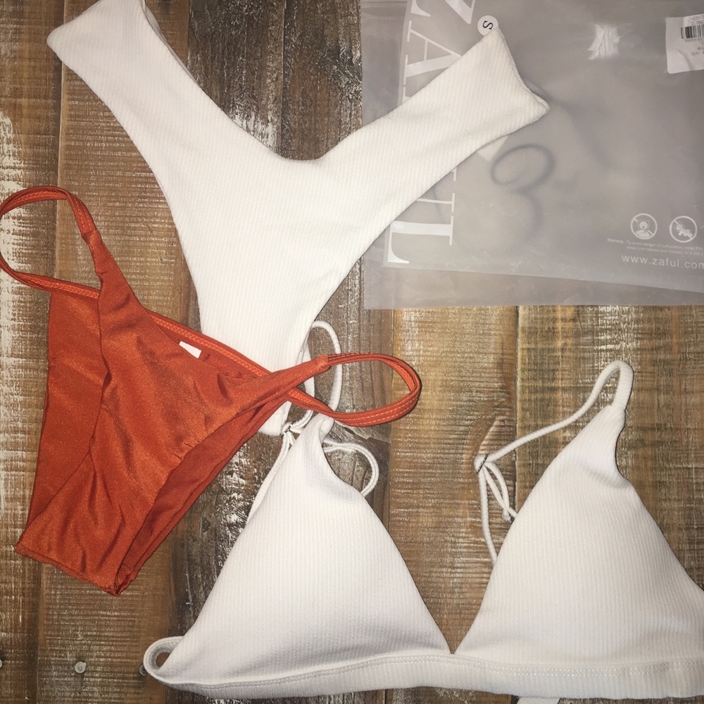 Zaful white bikini set and orange bottoms